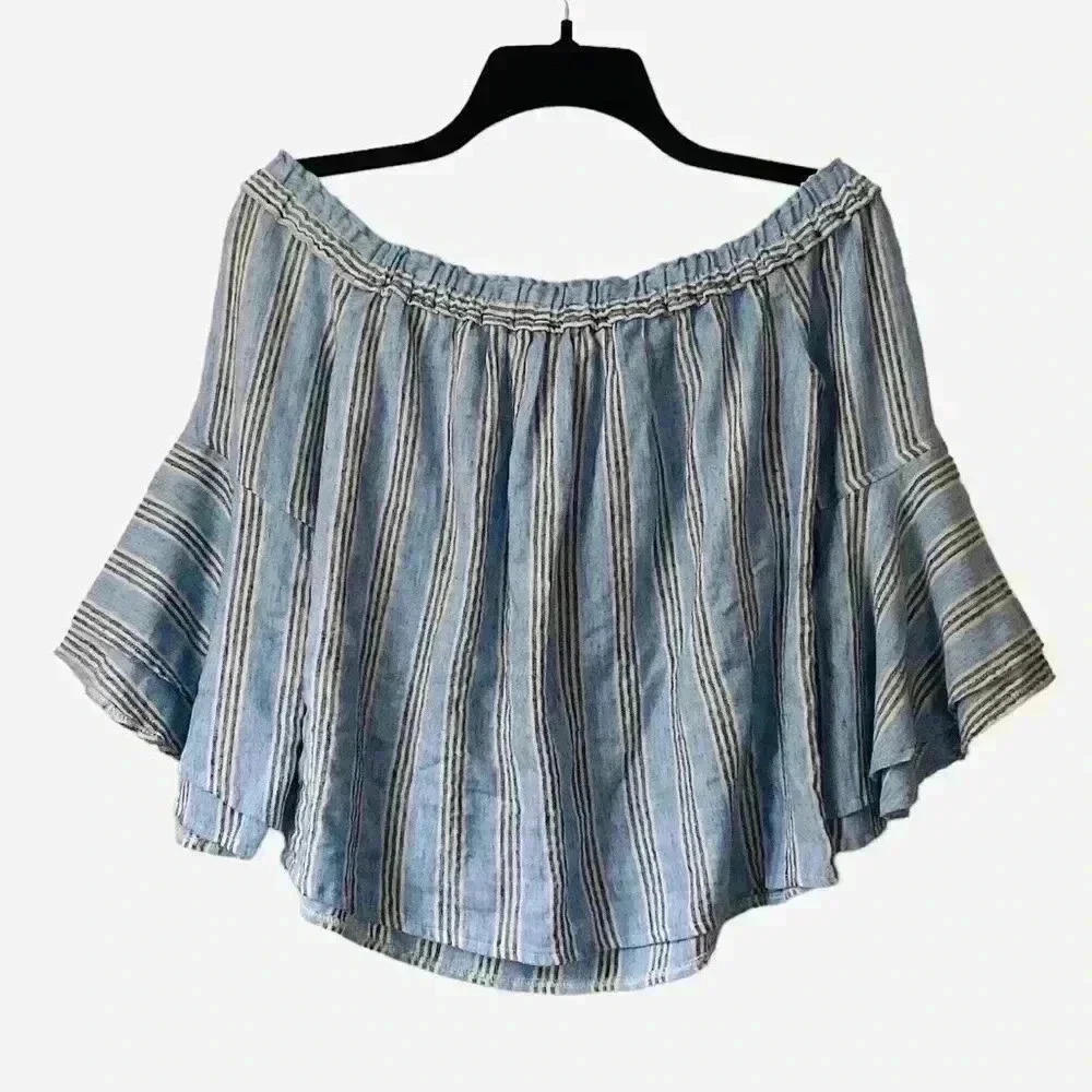 Lucky Brand Off The Shoulder Bell Sleeve  Boho Shirt  Cropped Top Blouse Sz XS